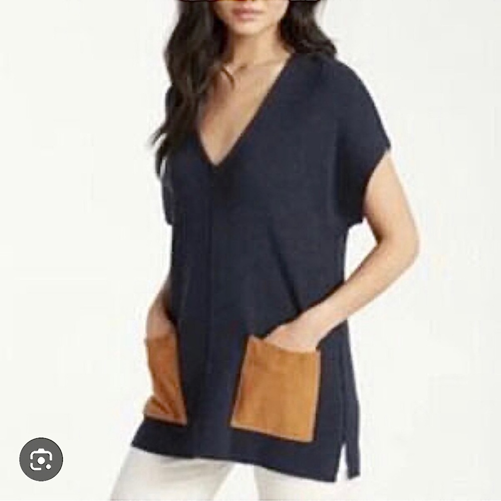 Tommy Bahama M Cascade Navy Blue Tunic Sweater Dolman Merino Wool Suede pockets
